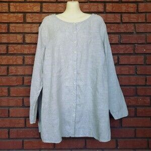 Tahari 100% Linen Tunic Top Sz 2X Button Front Roll Tab Sleeve Light Sage Green